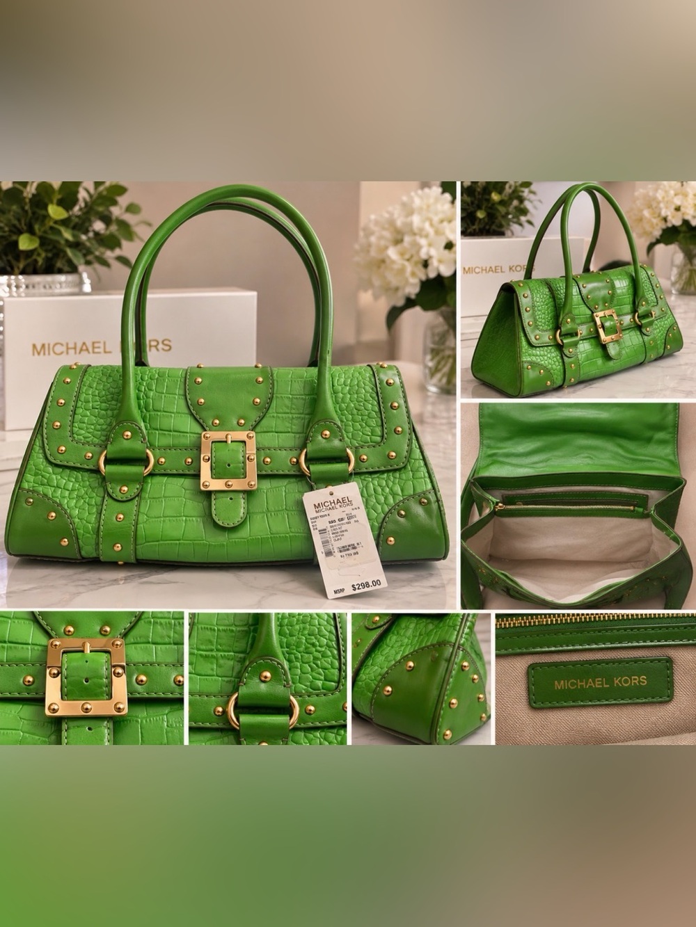 Michael Kors Bright Green Studded Croc-Embossed Satchel